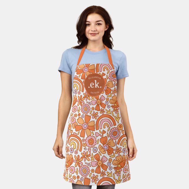  Groovy Retro Orange Florals Monogram Apron (Worn)