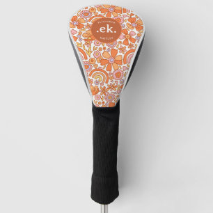 Groovy Retro Orange Florals Monogram Golf Head Cover