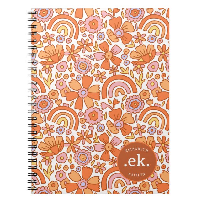  Groovy Retro Orange Florals Monogram Notebook (Front)