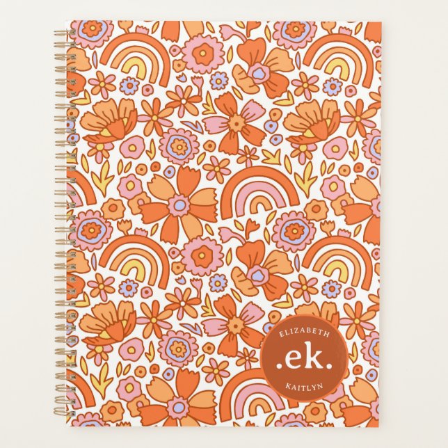  Groovy Retro Orange Florals Monogram Planner (Front)