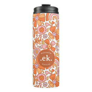  Groovy Retro Orange Florals Monogram Thermal Tumbler