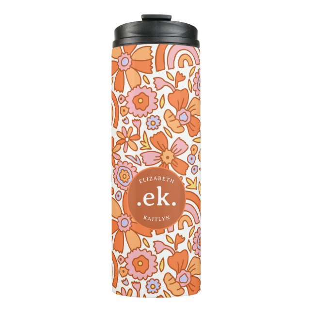  Groovy Retro Orange Florals Monogram Thermal Tumbler (Front)
