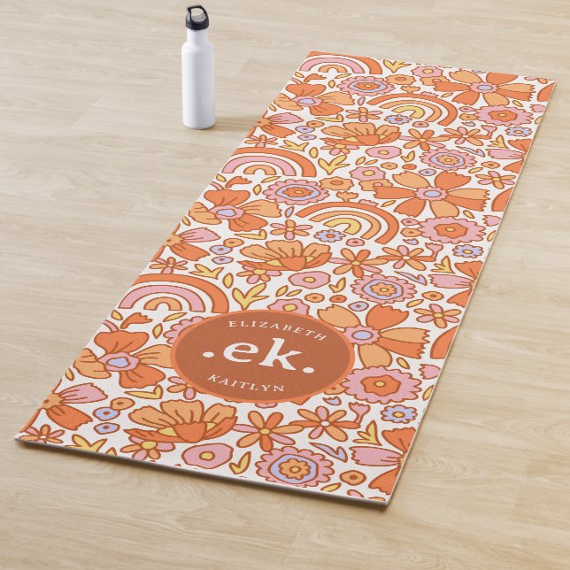  Groovy Retro Orange Florals Monogram Yoga Mat (In Situ)