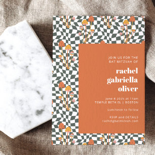 Groovy Retro Orange Green Chequerboard Bat Mitzvah Invitation