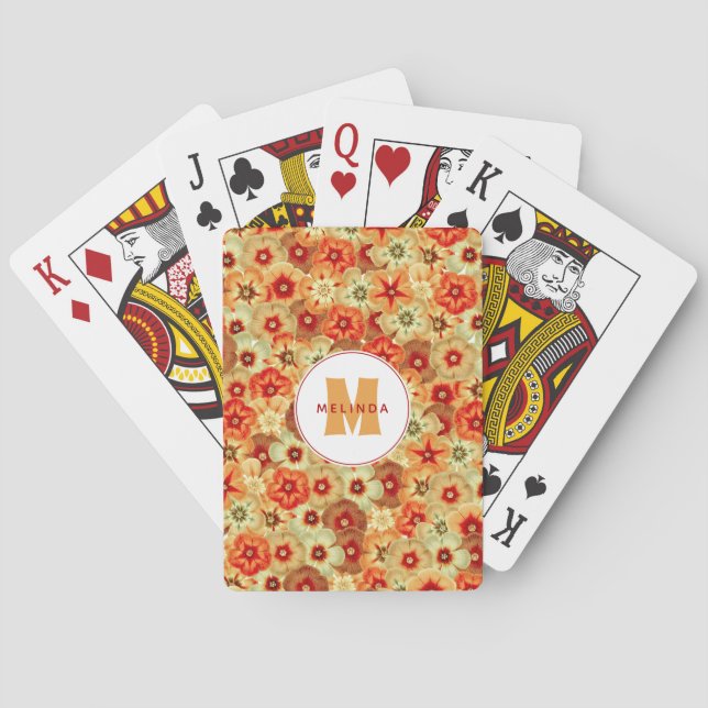 Groovy Retro Orange Hippie Flowers Monogram Playing Cards (Back)