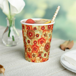 Groovy Retro Orange Hippie Flowers Pattern Paper Cups
