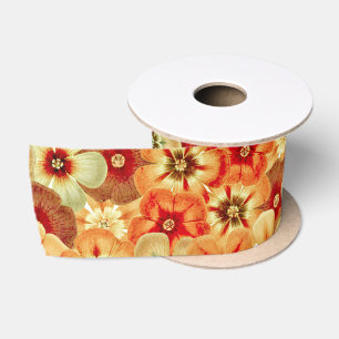 Groovy Retro Orange Hippie Flowers Pattern Satin Ribbon