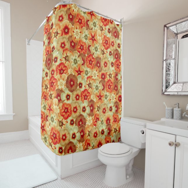 Groovy Retro Orange Hippie Flowers Pattern Shower Curtain (In Situ)
