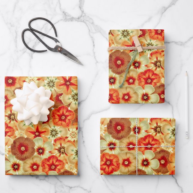 Groovy Retro Orange Hippie Flowers Pattern Wrapping Paper Sheet (Front)