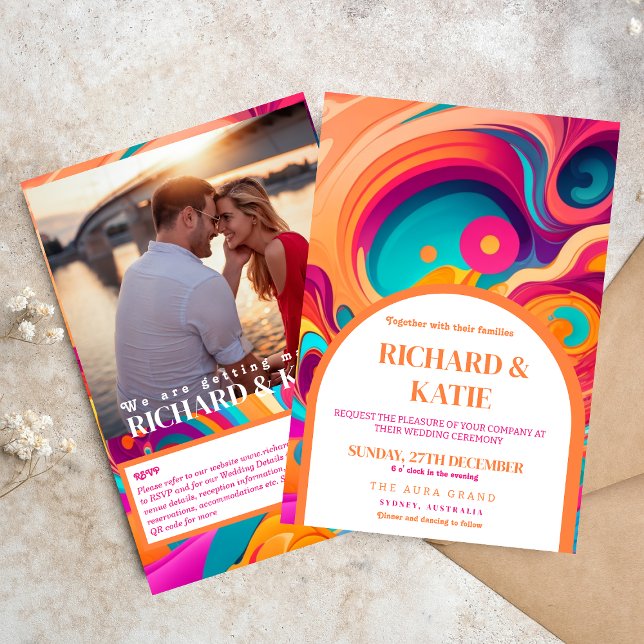 Groovy Retro Orange pink abstract funky wedding  Invitation (Creator Uploaded)