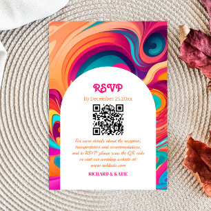 Groovy Retro Orange Pink funky QR code RSVP Card