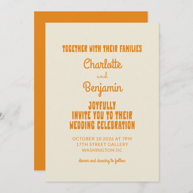 Groovy Retro Orange Typography Minimalist Wedding Invitation (Front/Back)