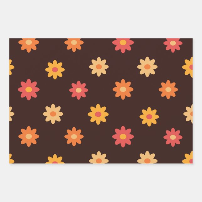 Groovy Retro Orange Yellow Red Flowers Wrapping Paper Sheet (Front 2)