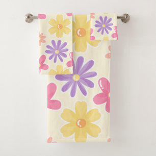 Groovy Retro Pastel Daisy Flower Floral Bath Towel Set