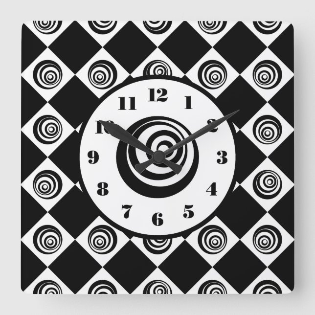 Groovy Retro Pattern Black n White Square Wall Clock (Front)