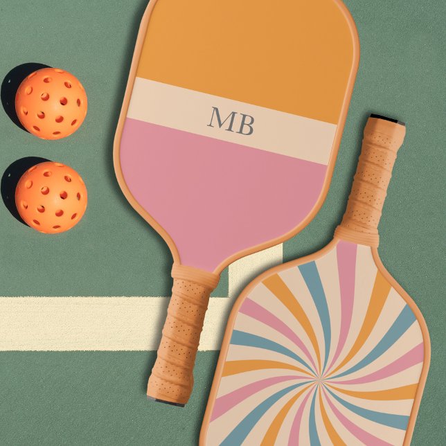 Groovy Retro Pattern Preppy Aesthetic Monogrammed  Pickleball Paddle (Groovy Retro Pattern Personalized Pickleball Paddle)