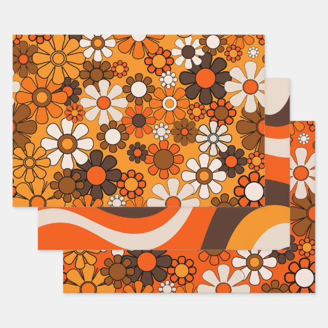 Groovy Retro Patterns with 1970s Vibes Wrapping Paper Sheet (Set)