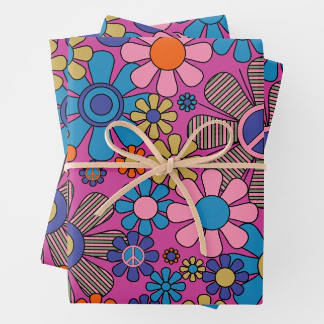 Groovy Retro Peace Flowers 60s 70s Colourful Flora Wrapping Paper Sheet (In situ)