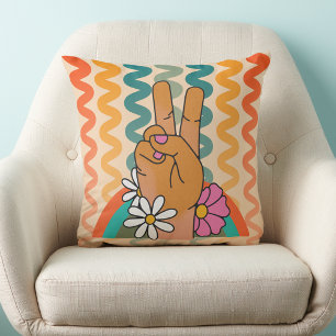 Groovy Retro Peace Sign Flower Rainbow Cushion