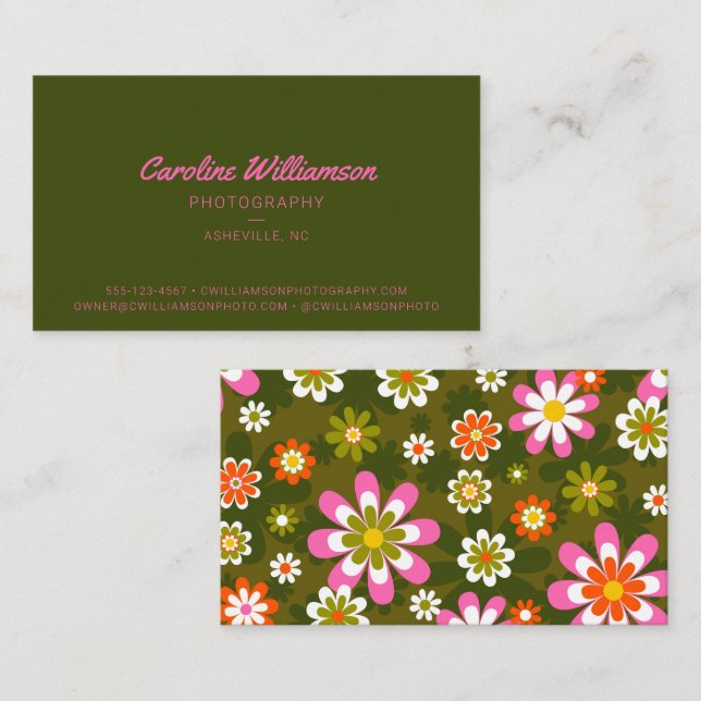 Groovy Retro Pink and Green Botanical Trendy Business Card (Front/Back)