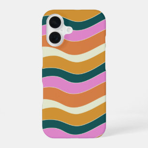 Groovy Retro Pink and Green Wavy Lines iPhone 16 Case