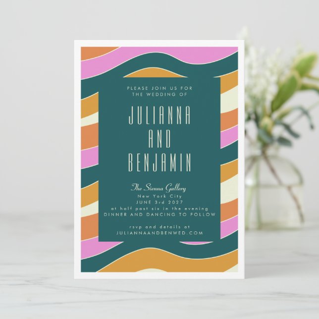 Groovy Retro Pink and Green Wavy Lines Wedding Invitation (Standing Front)