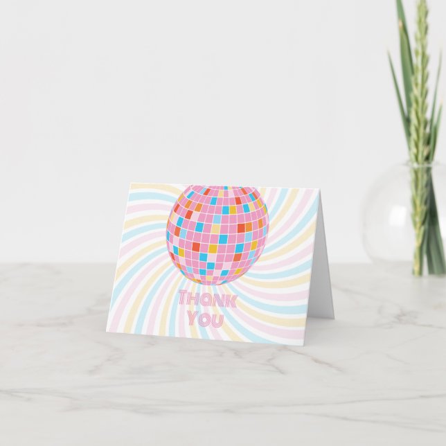 Groovy Retro Pink Disco Ball 70s Bridal Shower Thank You Card (Front)