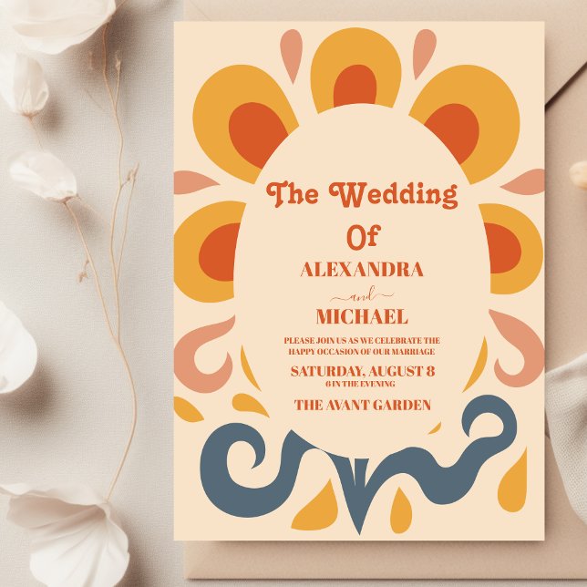 Groovy Retro Pink & Gold Wedding Invitation (Creator Uploaded)