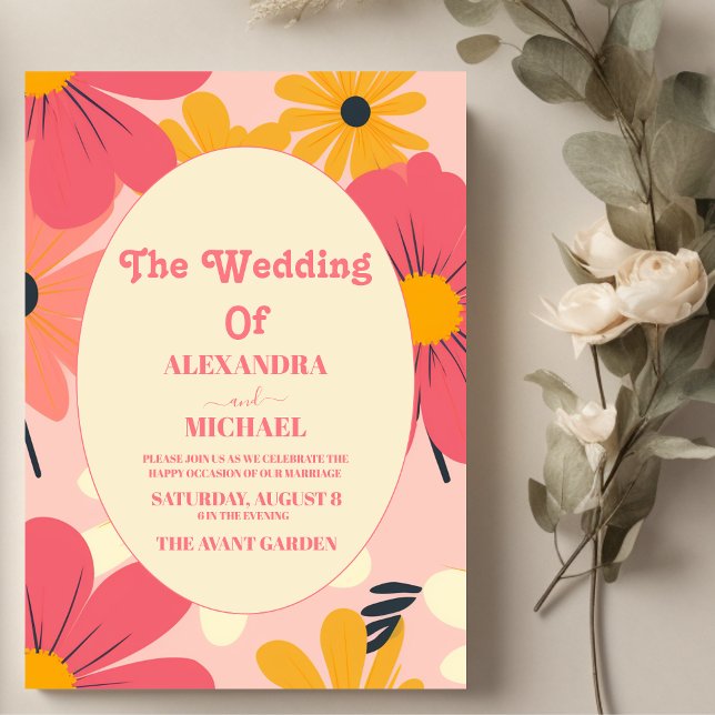 Groovy Retro Pink & Gold Wedding Invitation (Creator Uploaded)