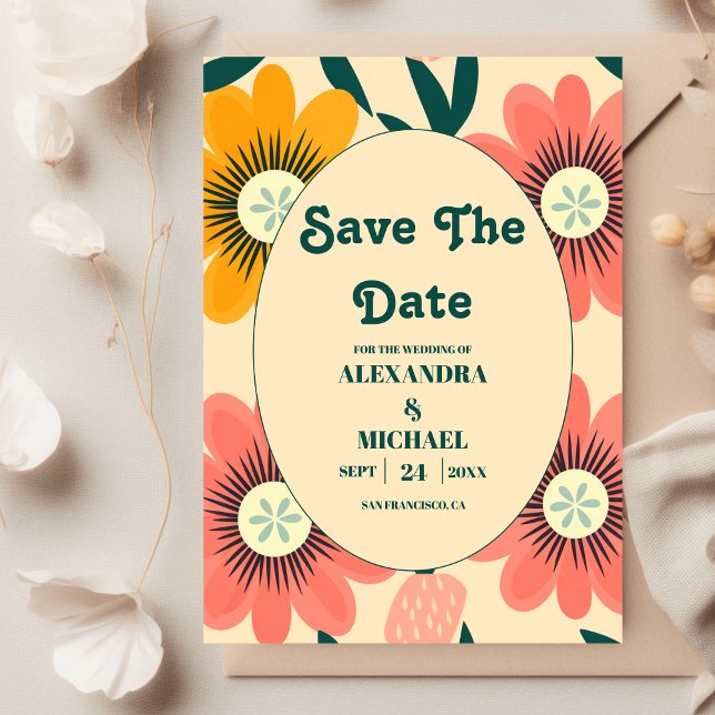 Groovy Retro Pink & Gold Wedding Save The Date (Creator Uploaded)