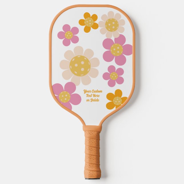 Groovy Retro Pink Orange Flowers Personalised Pickleball Paddle (Front)