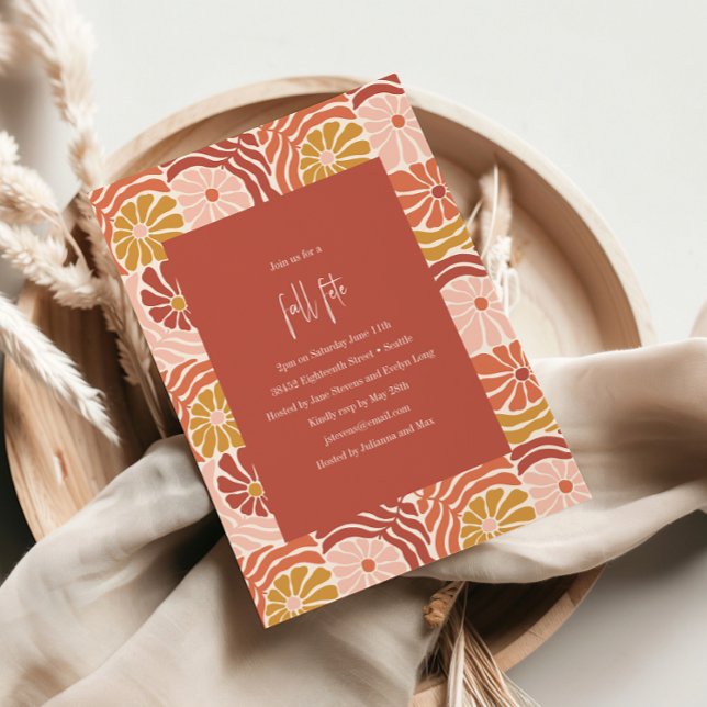 Groovy Retro Pink Rust Floral Boho Fall Fete Invitation (Creator Uploaded)