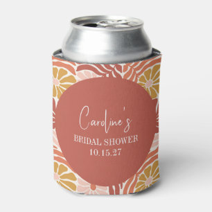 Groovy Retro Pink Rust Floral Custom Bridal Shower Can Cooler