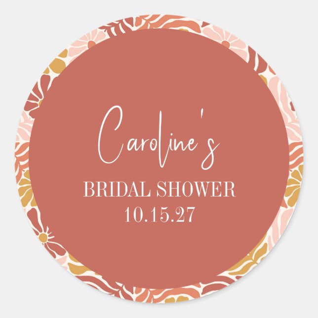 Groovy Retro Pink Rust Floral Custom Bridal Shower Classic Round Sticker (Front)