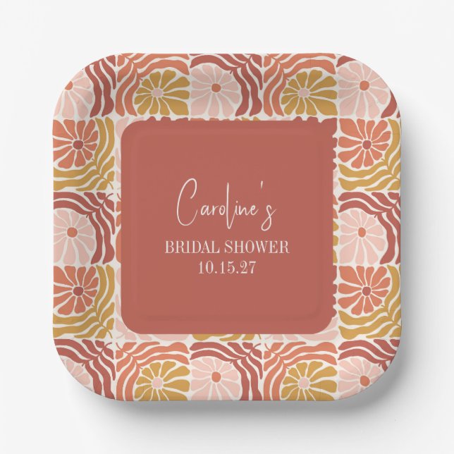 Groovy Retro Pink Rust Floral Custom Bridal Shower Paper Plate (Front)