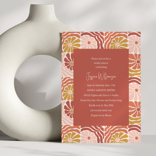 Groovy Retro Pink Rust Floral Cute Bridal Shower Invitation (Creator Uploaded)