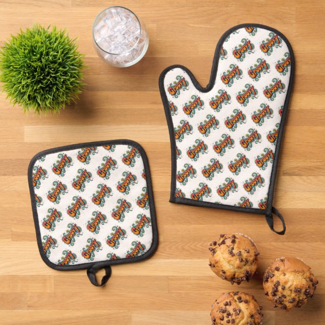 Groovy Retro Psychedelic 70s Funky Hippie Art Oven Mitt & Pot Holder Set (Top Down)