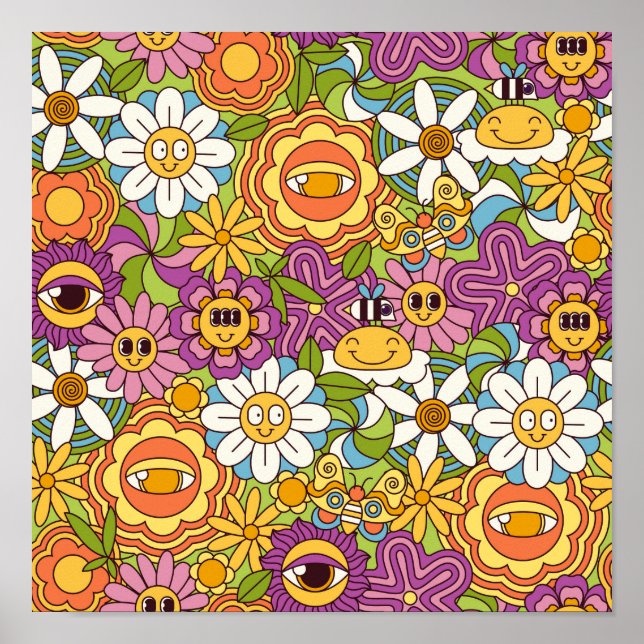 Groovy Retro Psychedelic Flower Garden Pattern Poster (Front)