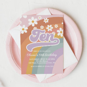 Groovy Retro Rainbow 10th Birthday Invitation