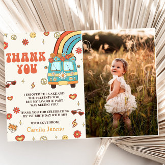 Groovy Retro Rainbow 1st Birthday Photo Thank You Card