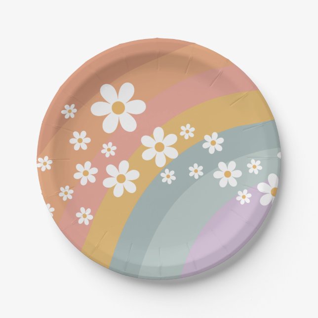 Groovy Retro Rainbow and Daisy Paper Plate (Front)