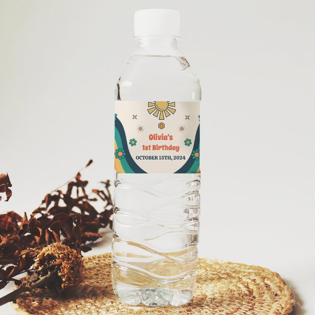 Groovy Retro Rainbow Birthday Party  Water Bottle Label (Creator Uploaded)