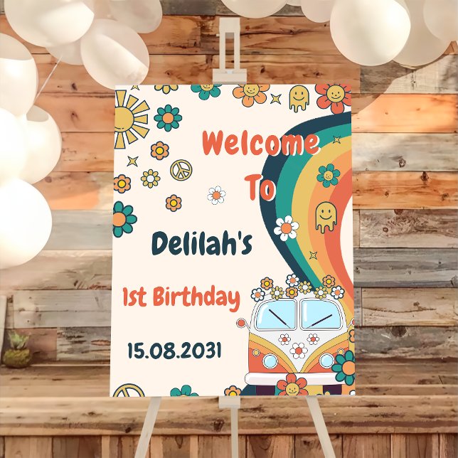 Groovy Retro Rainbow Birthday Party Welcome Sign  (Creator Uploaded)