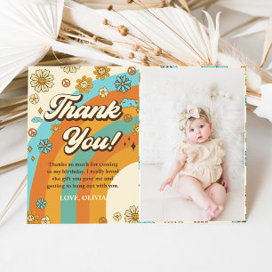 Groovy Retro Rainbow Birthday Photo Thank You Card