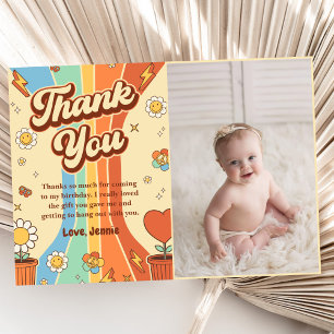 Groovy Retro Rainbow Birthday Photo Thank You Card