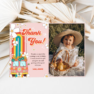 Groovy Retro Rainbow Birthday Photo Thank You Card