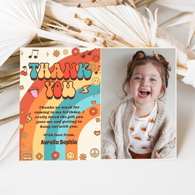 Groovy Retro Rainbow Birthday Photo Thank You Card (Creator Uploaded)