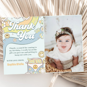 Groovy Retro Rainbow Birthday Photo Thank You Card