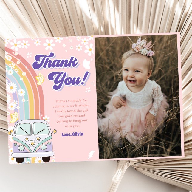 Groovy Retro Rainbow Birthday Photo Thank You Card (Creator Uploaded)