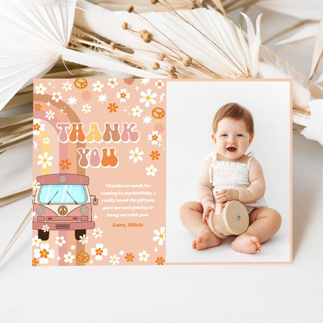 Groovy Retro Rainbow Birthday Photo Thank You Card (Creator Uploaded)